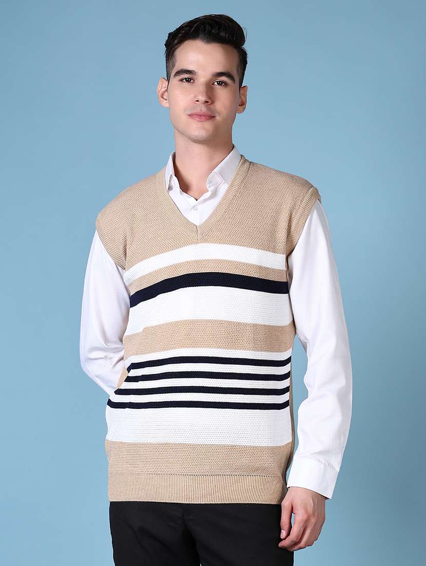 men beige self design sleeveless pullover