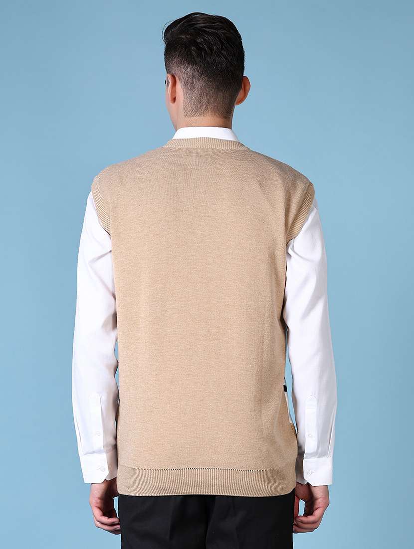 men beige self design sleeveless pullover - 21628518 -  Standard Image - 3