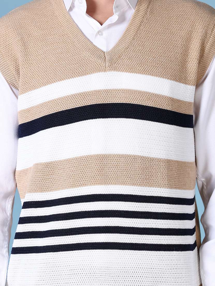 men beige self design sleeveless pullover - 21628518 -  Standard Image - 5