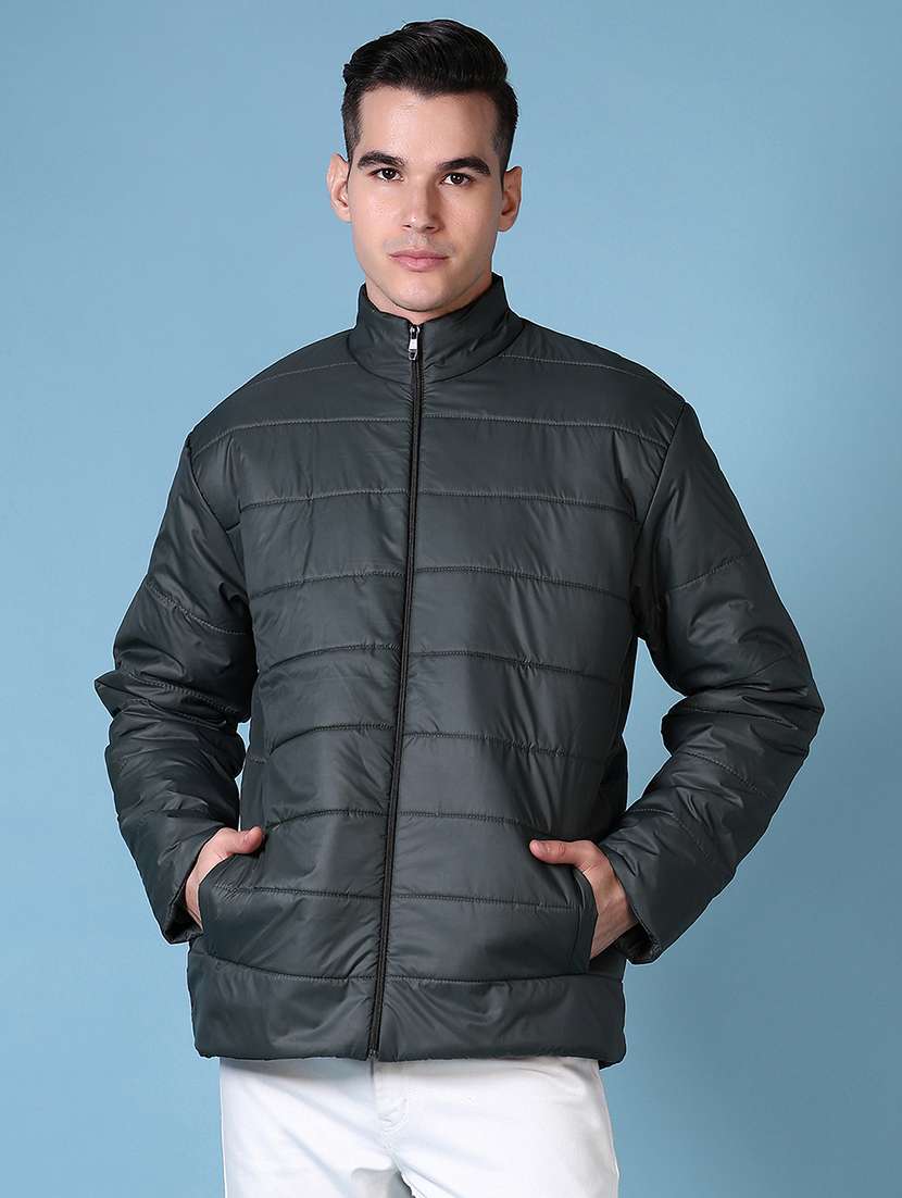 men solid long sleeve quilted jacket
