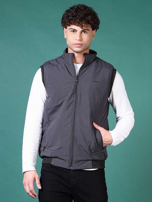 men grey solid sleeveless bomber jacket - 21628962 -  Standard Image - 0