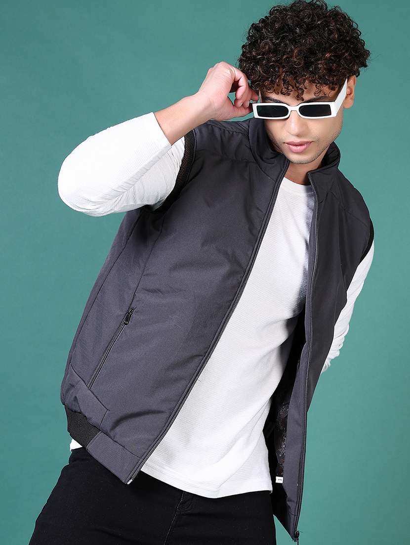 men grey solid sleeveless bomber jacket - 21628962 -  Standard Image - 3