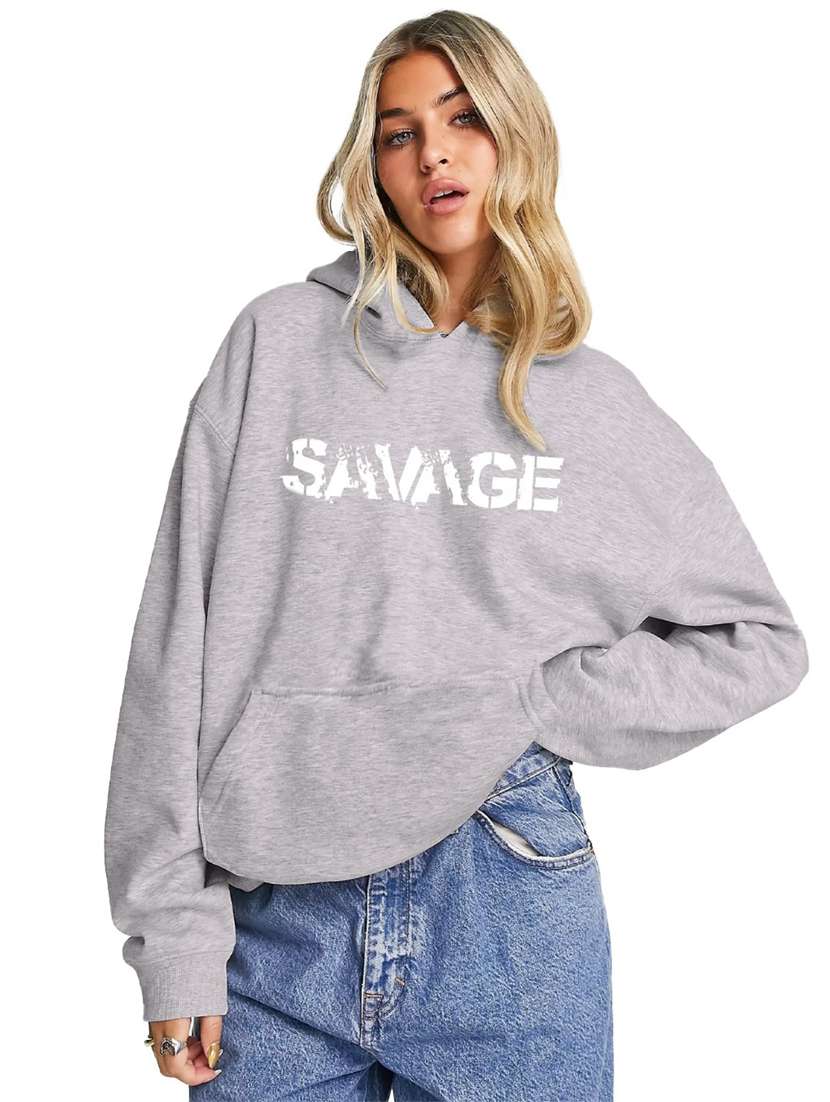 women printed hood neck oversized long sleeve sweatshirt