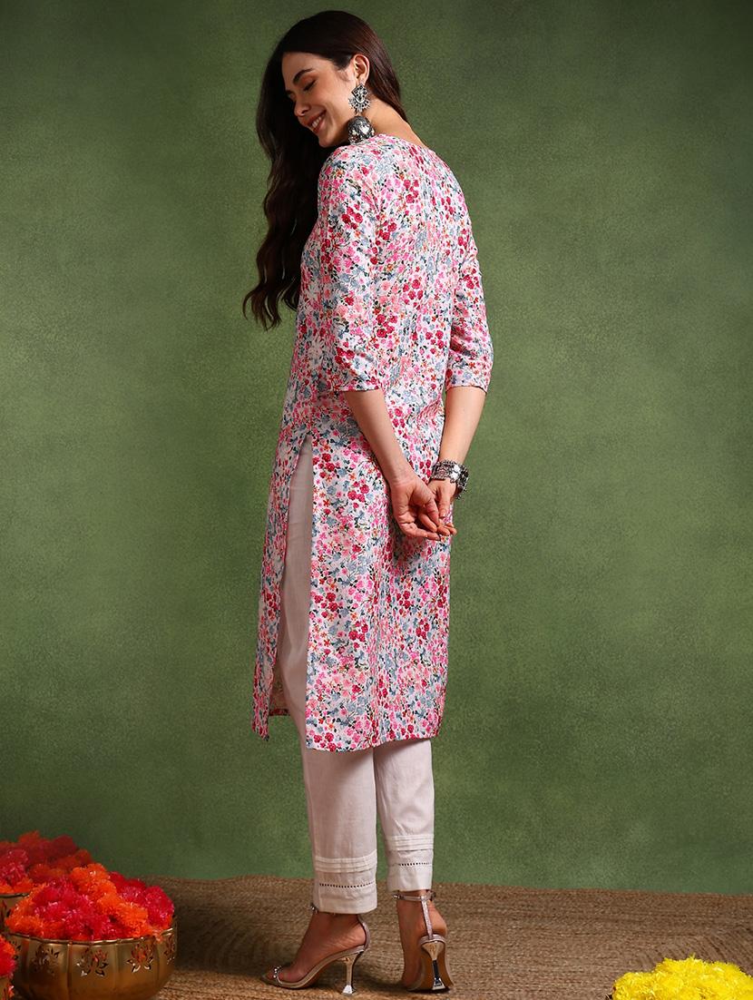 women floral three quarter sleeve straight kurta - 21629581 - Standard Image - 3