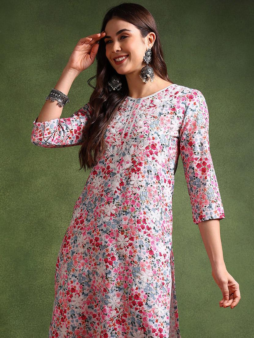 women floral three quarter sleeve straight kurta - 21629581 - Standard Image - 5
