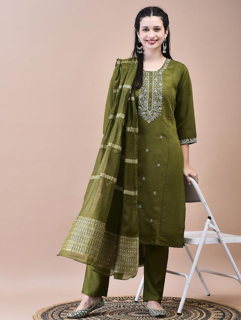 women three quarter sleeve kurta pant with dupatta set