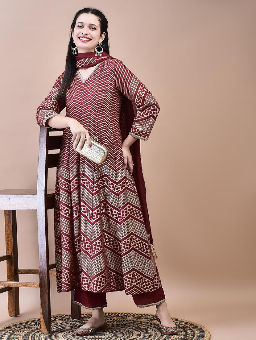 women maroon long sleeve kurta pant with dupatta set