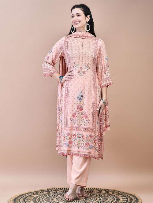 women peach floral kurta palazzo set with dupatta - 21629687 -  Standard Image - 0