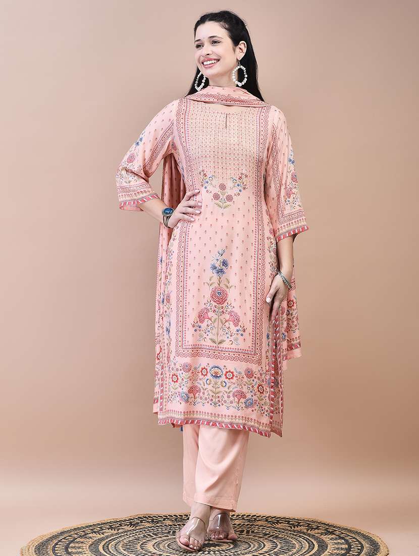 women peach floral kurta palazzo set with dupatta