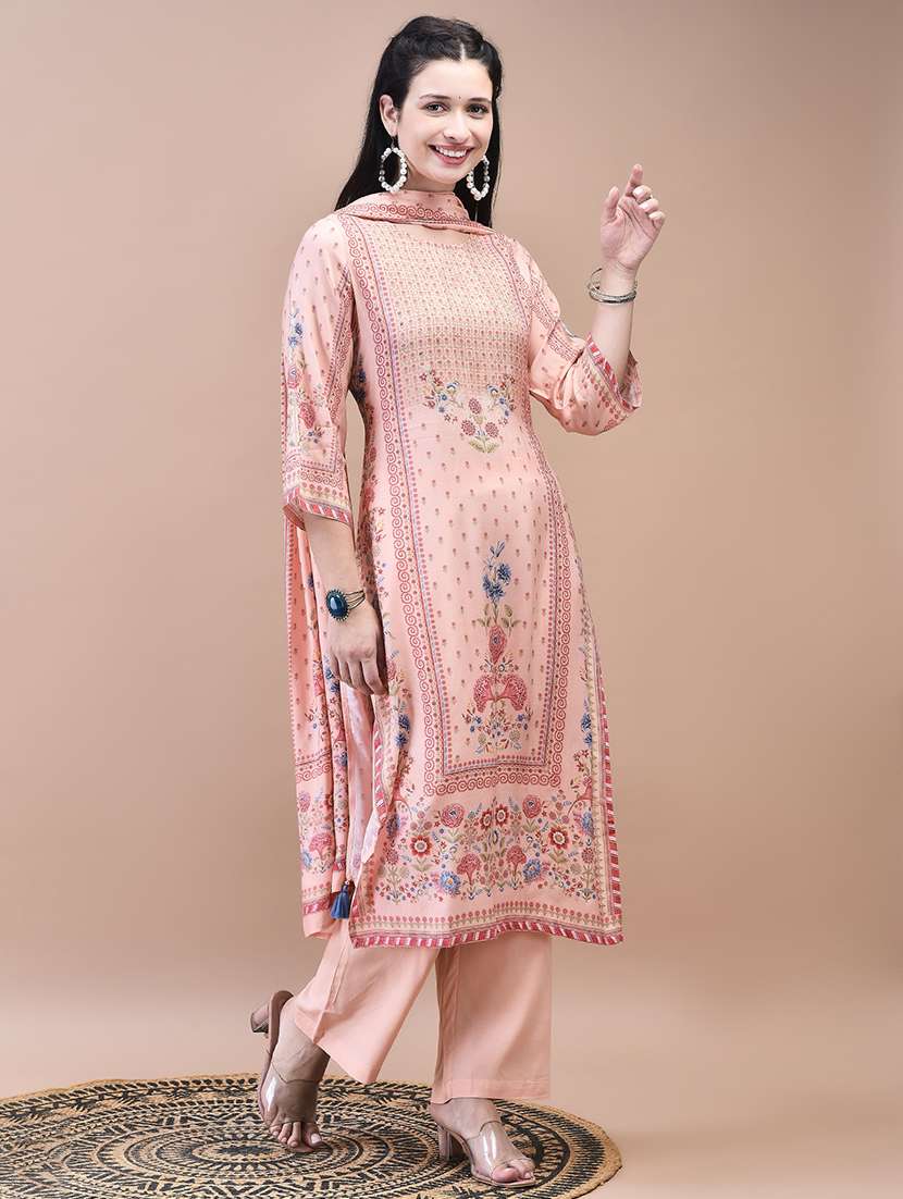 women peach floral kurta palazzo set with dupatta - 21629687 -  Standard Image - 3