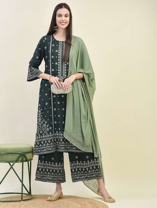 women three quarter sleeve kurta palazzo with dupatta set - 21629689 - Standard Image - 0