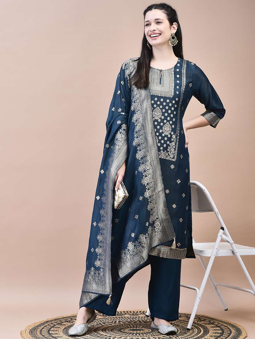 women three quarter sleeve kurta palazzo with dupatta set