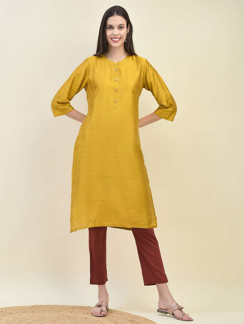 women solid three quarter sleeve straight kurta - 21629731 -  Zoom Image - 0