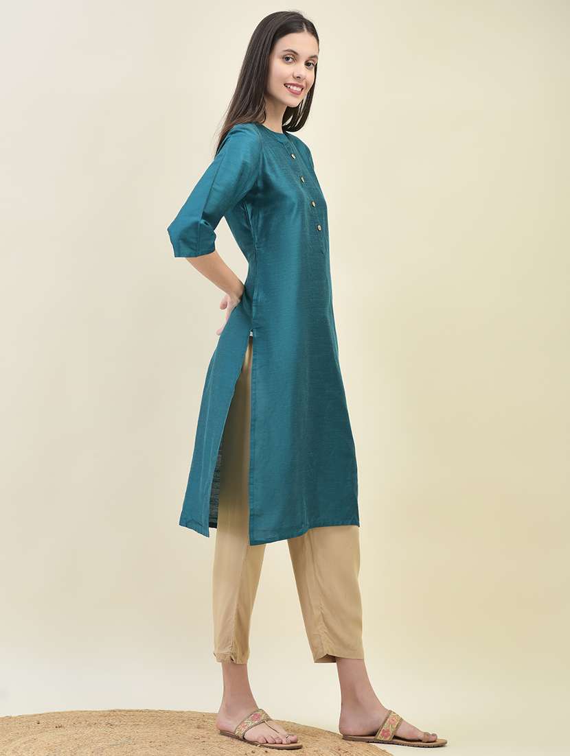 women solid three quarter sleeve straight kurta - 21629732 -  Standard Image - 3