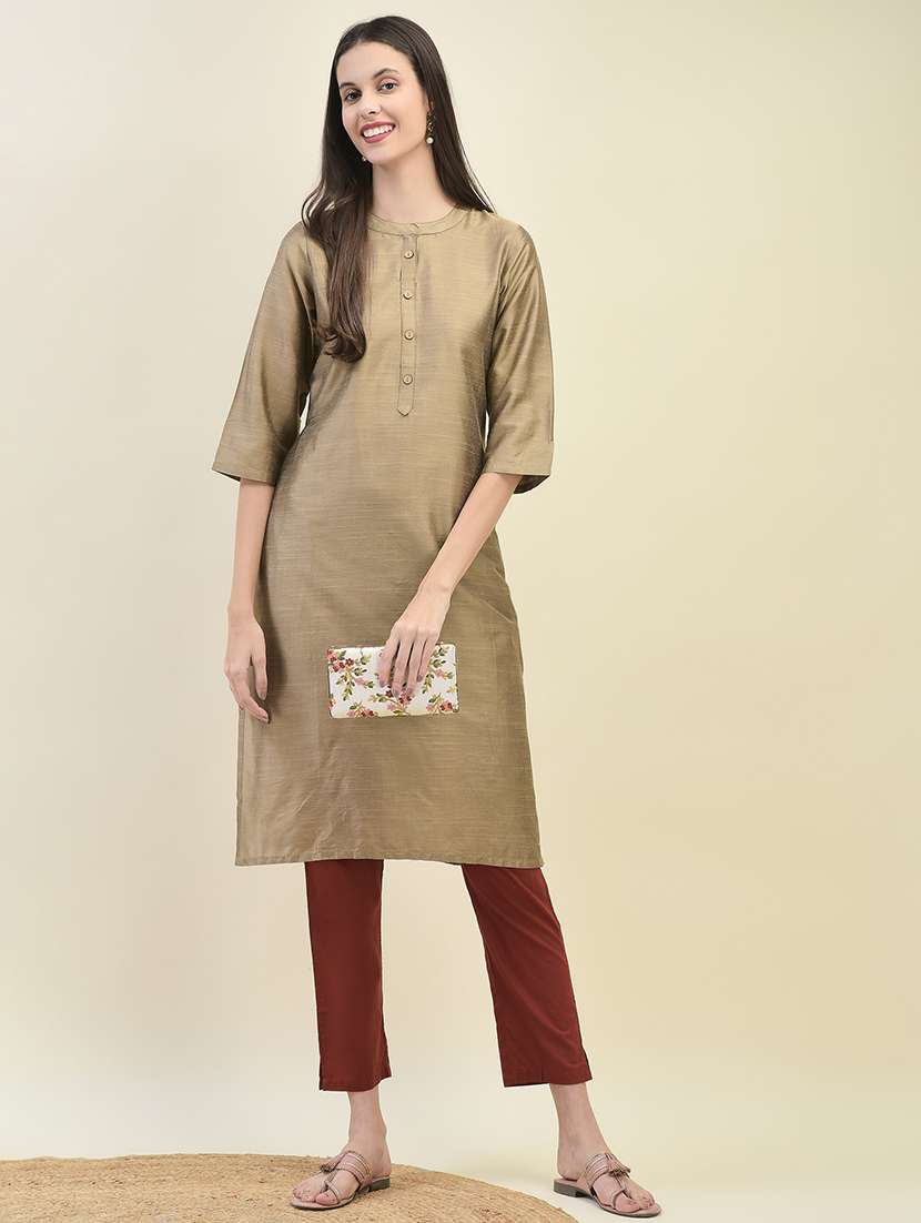 women solid three quarter sleeve straight kurta - 21629733 -  Standard Image - 3