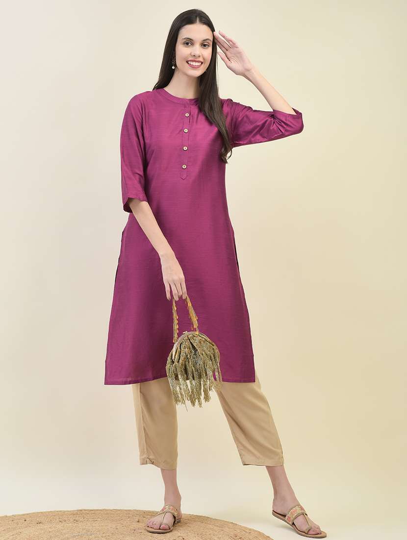 women solid three quarter sleeve straight kurta - 21629734 -  Standard Image - 3
