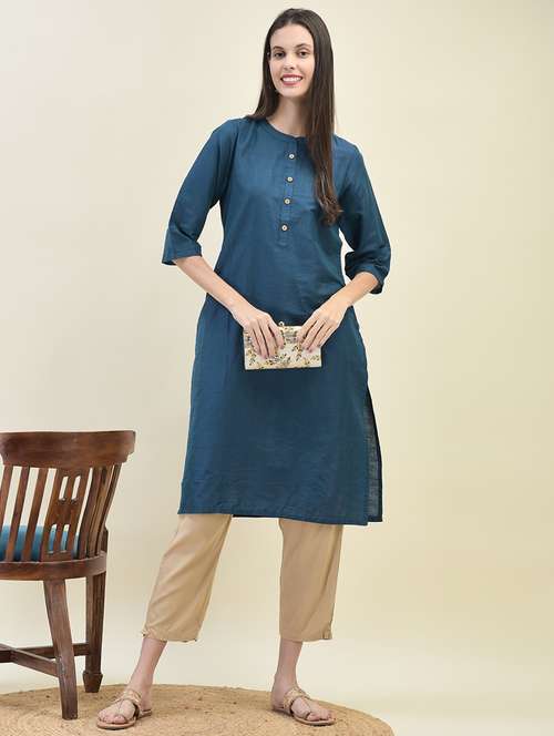 women solid three quarter sleeve straight kurta - 21629735 -  Standard Image - 0