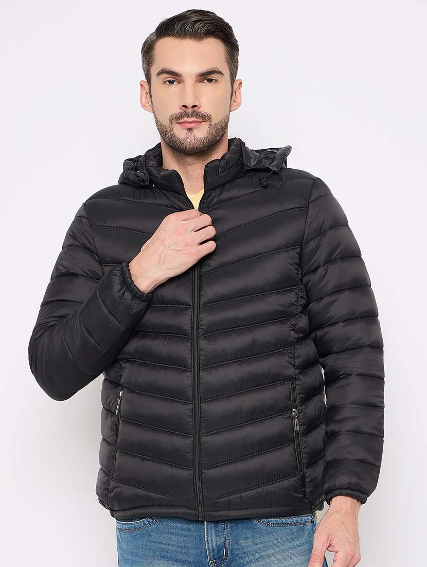 men solid hood neck quilted jacket