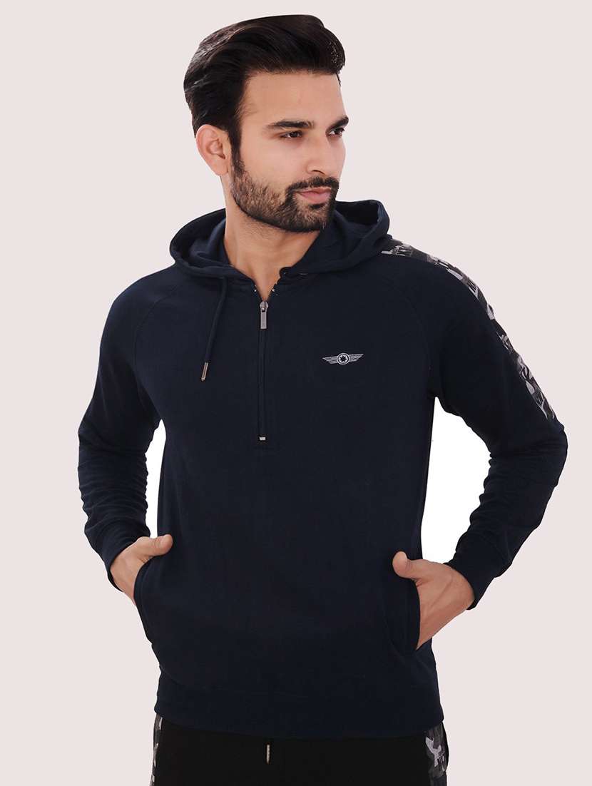men navy blue long sleeve regular fit hooded sweatshirt