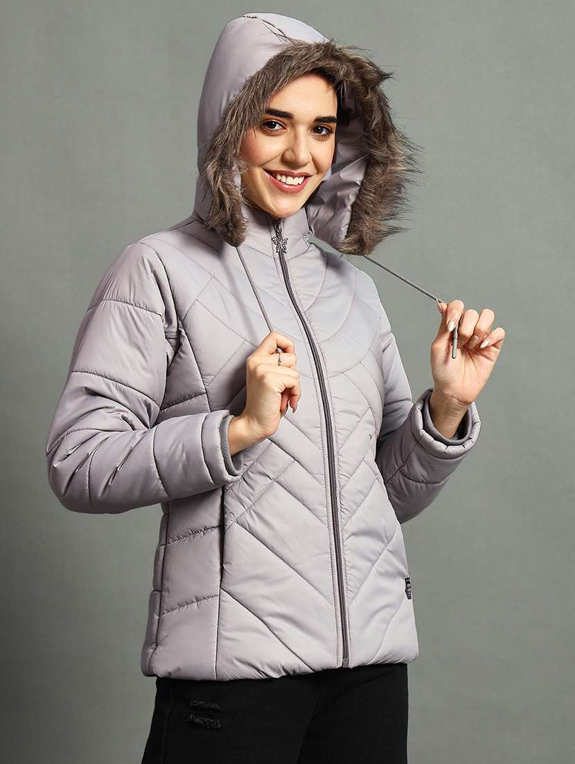women solid fur hood quilted jacket