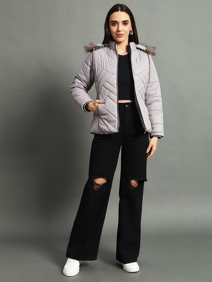 women solid fur hood quilted jacket - 21630374 -  Standard Image - 3