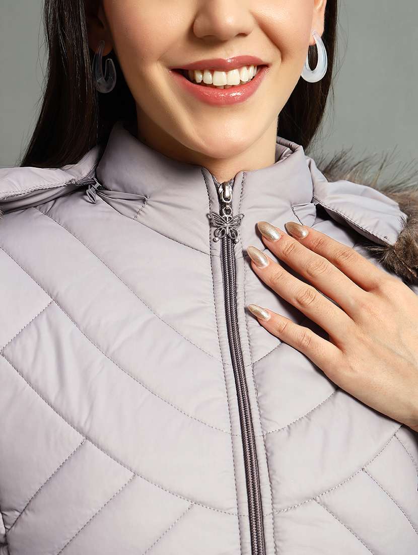 women solid fur hood quilted jacket - 21630374 -  Standard Image - 5
