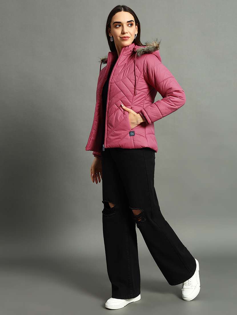 women solid fur hood quilted jacket - 21630375 -  Standard Image - 3