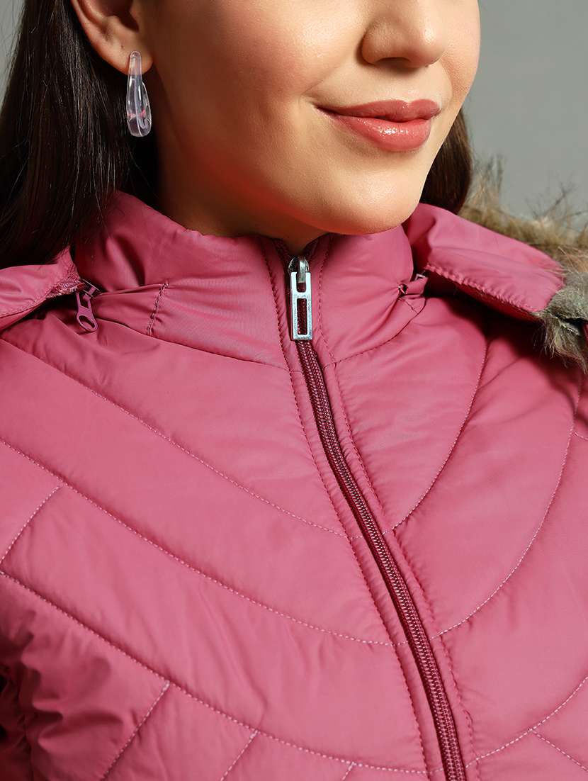 women solid fur hood quilted jacket - 21630375 -  Standard Image - 5