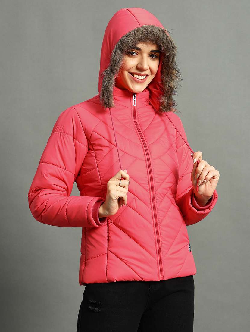 women solid fur hood quilted jacket