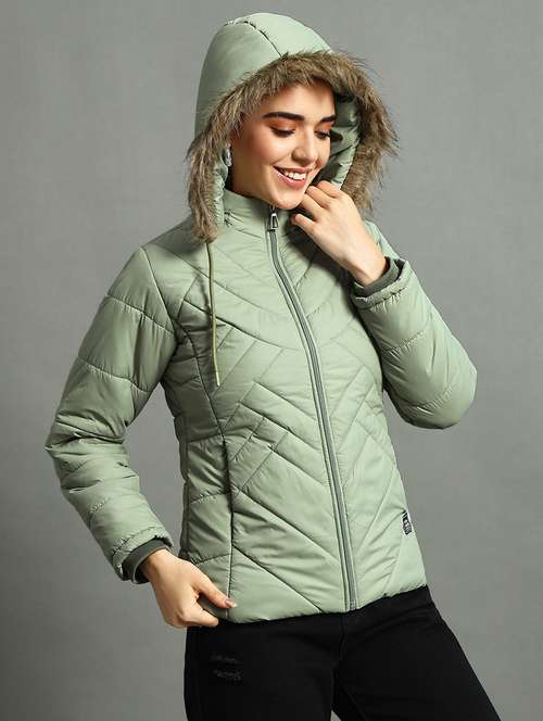 women solid fur hood quilted jacket - 21630377 -  Standard Image - 0