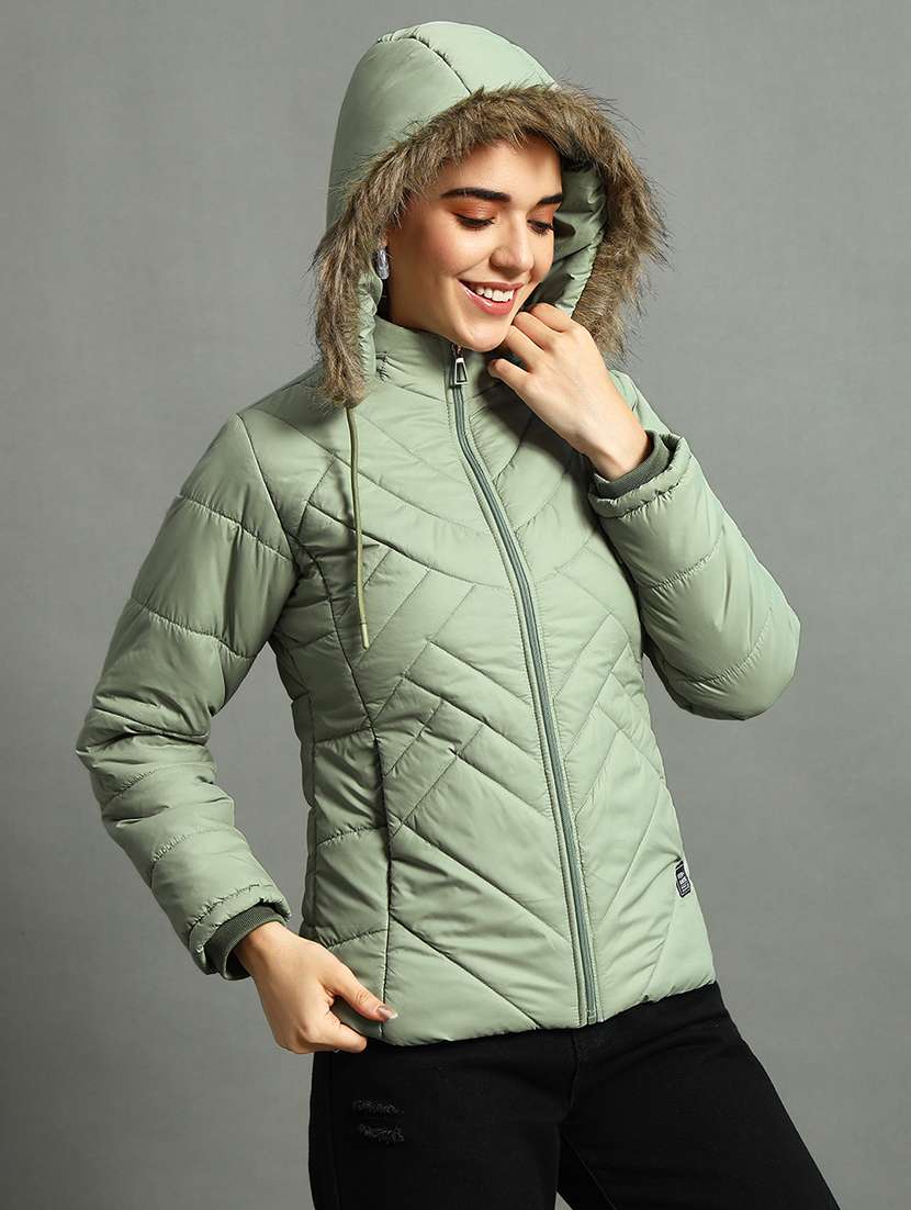 women solid fur hood quilted jacket