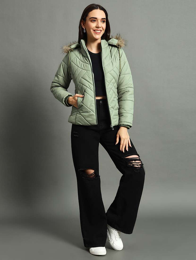 women solid fur hood quilted jacket - 21630377 -  Standard Image - 3