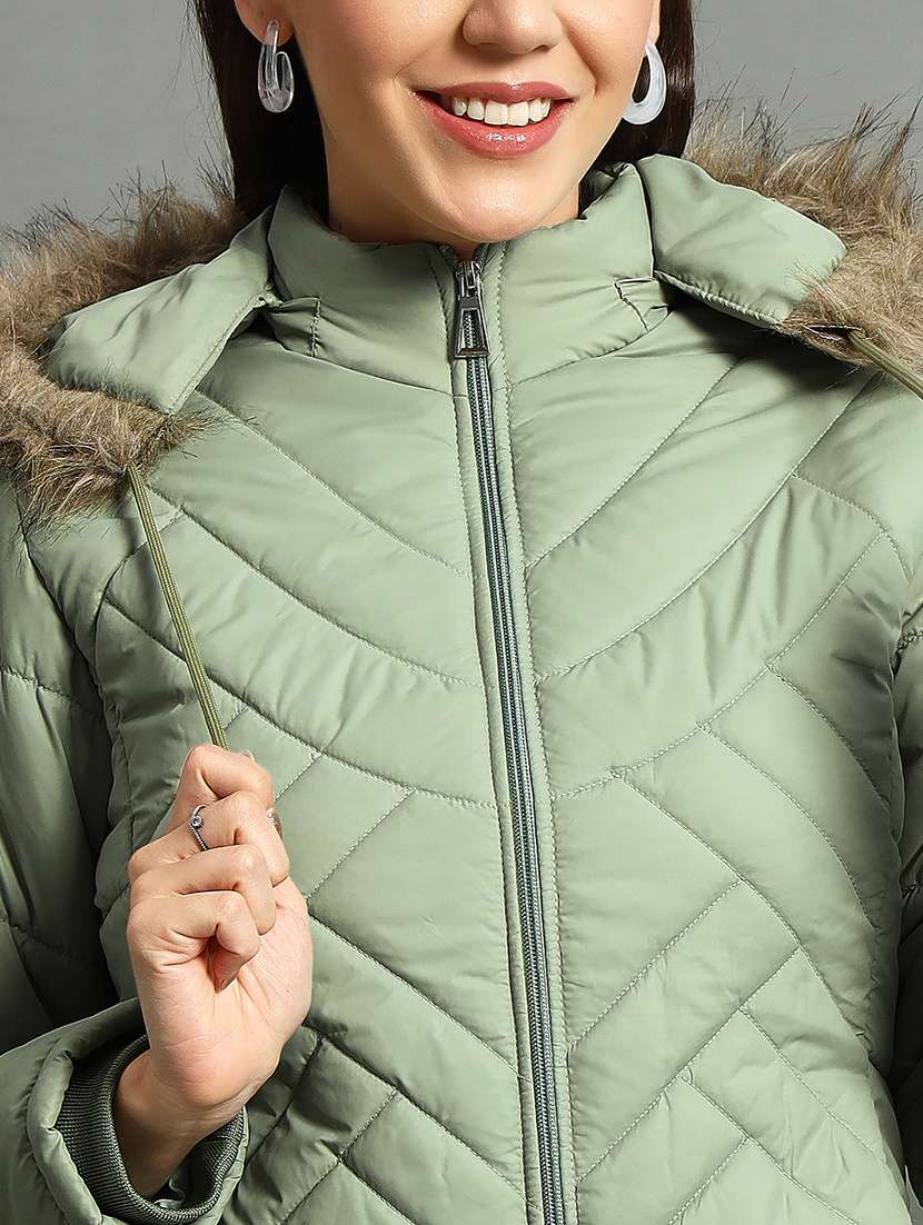 women solid fur hood quilted jacket - 21630377 -  Standard Image - 5