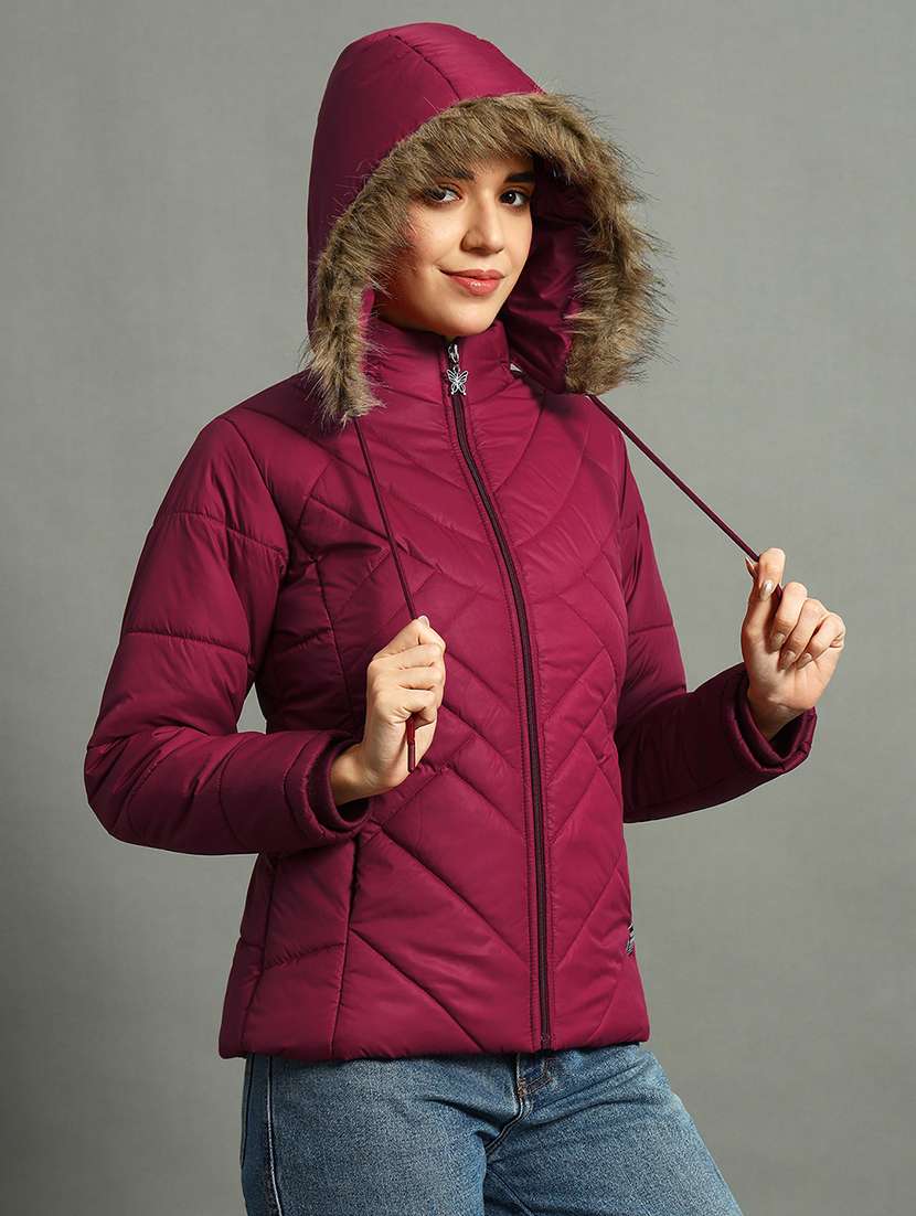 women solid fur hood quilted jacket