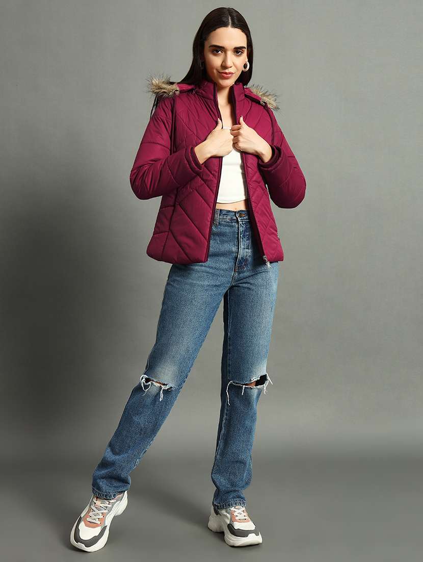 women solid fur hood quilted jacket - 21630379 -  Standard Image - 3