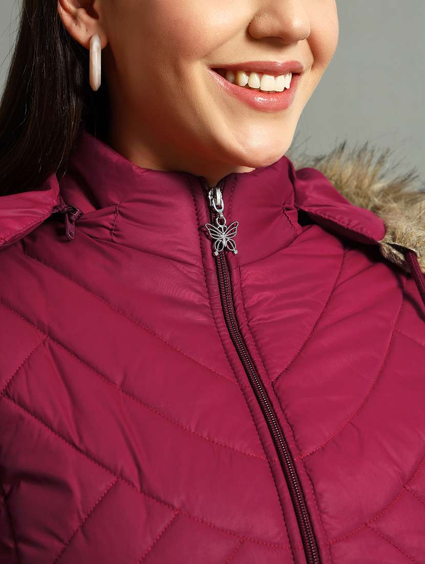 women solid fur hood quilted jacket - 21630379 -  Standard Image - 5