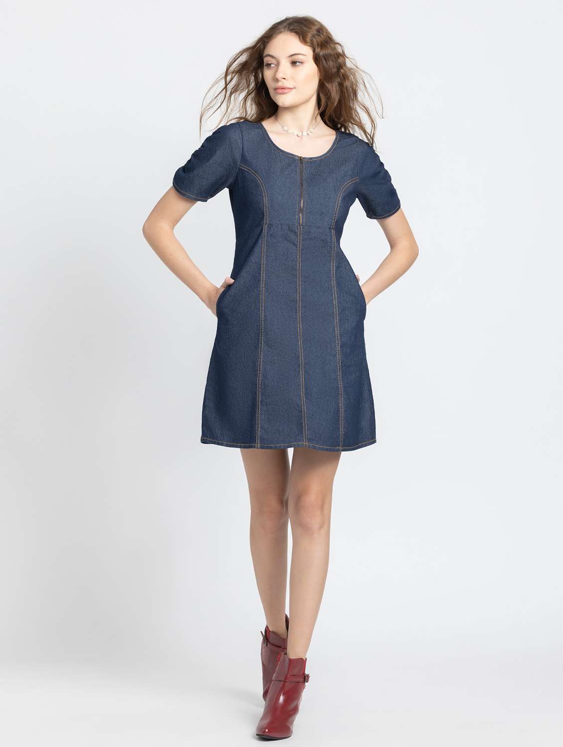 women solid denim a-line dress