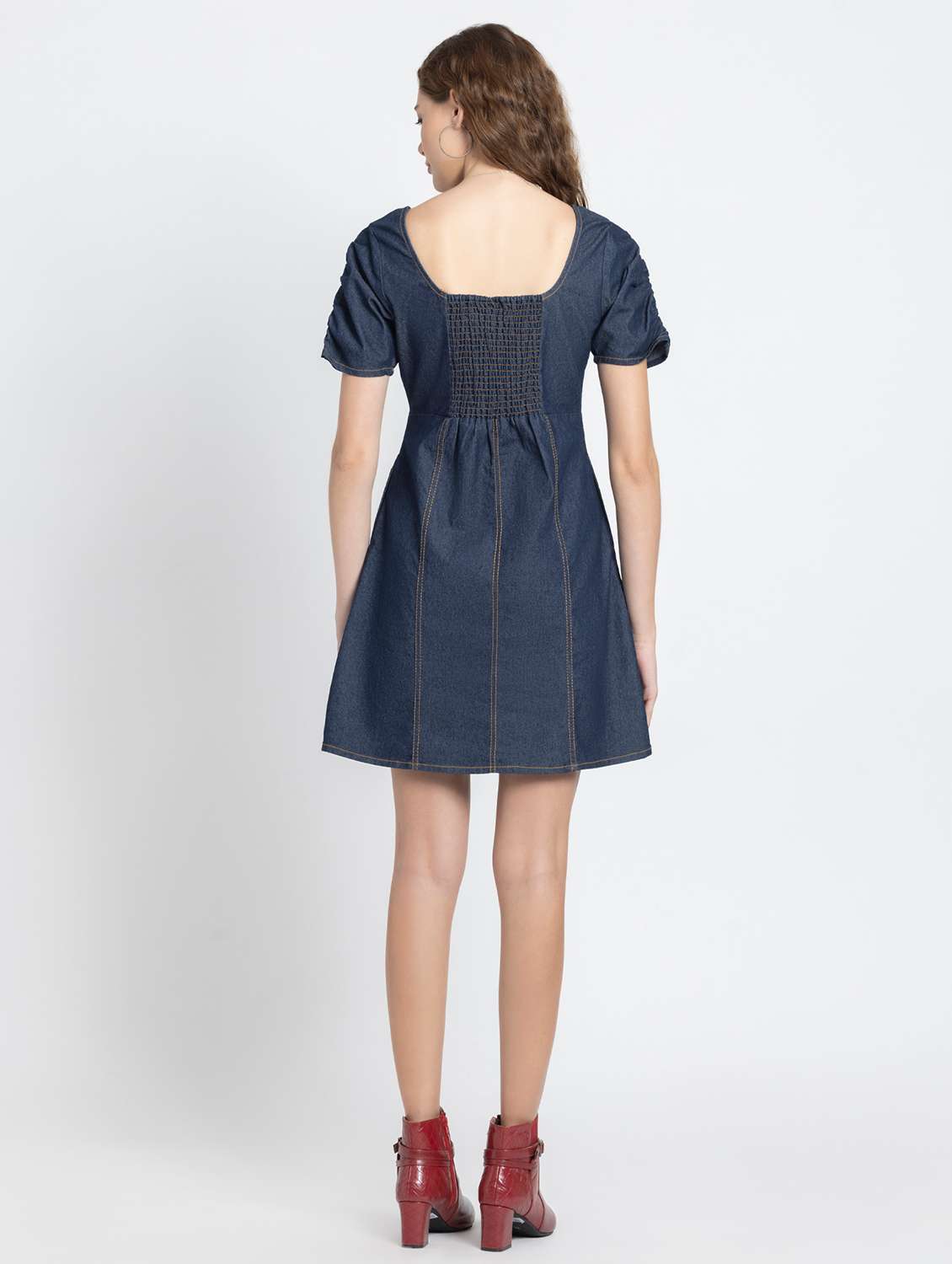 women solid denim a-line dress - 21630537 - Standard Image - 3