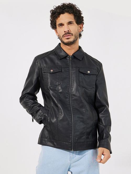men black leather biker jacket - 21630641 - Standard Image - 0