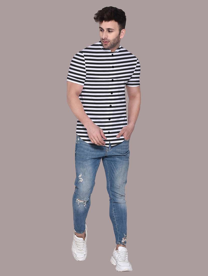 men slim fit mandarin neck striped short sleeve casual shirt - 21631894 -  Standard Image - 3