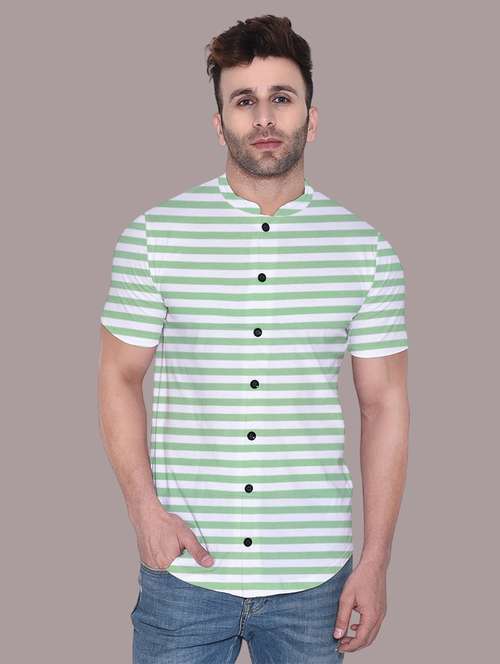Men Slim Fit Mandarin Neck Striped Short Sleeve Casual Shirt