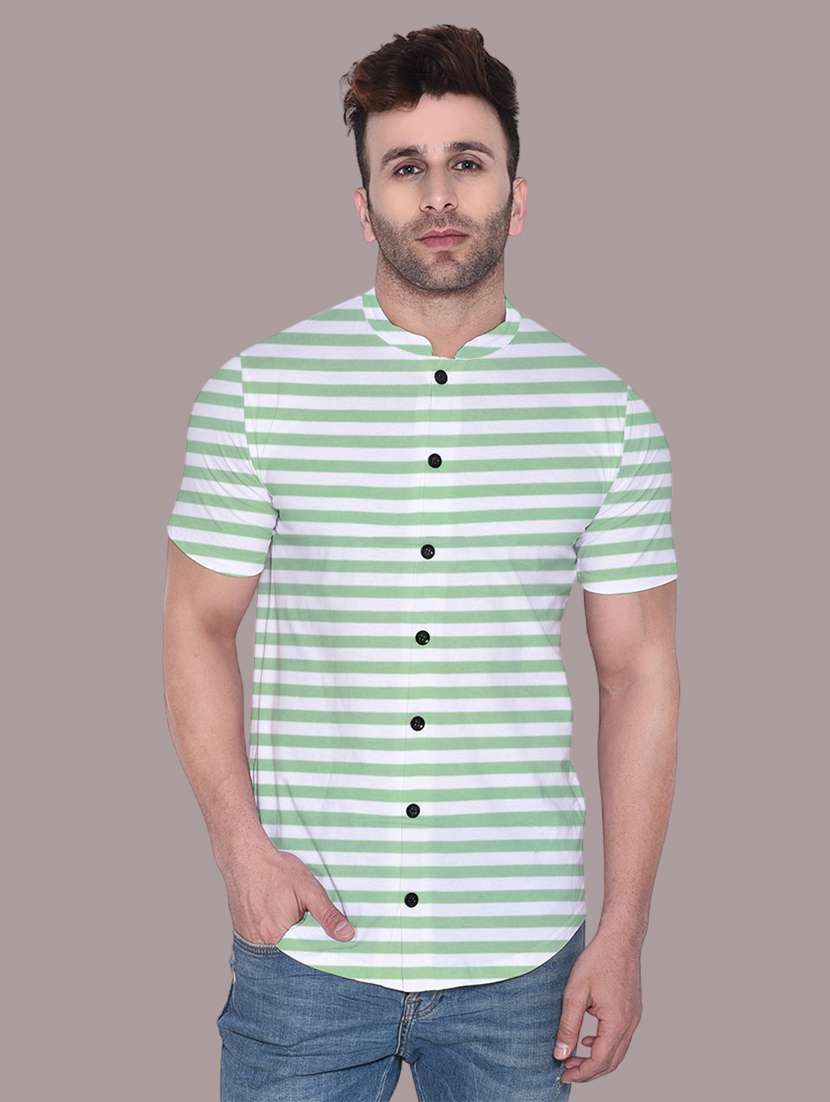 men slim fit mandarin neck striped short sleeve casual shirt