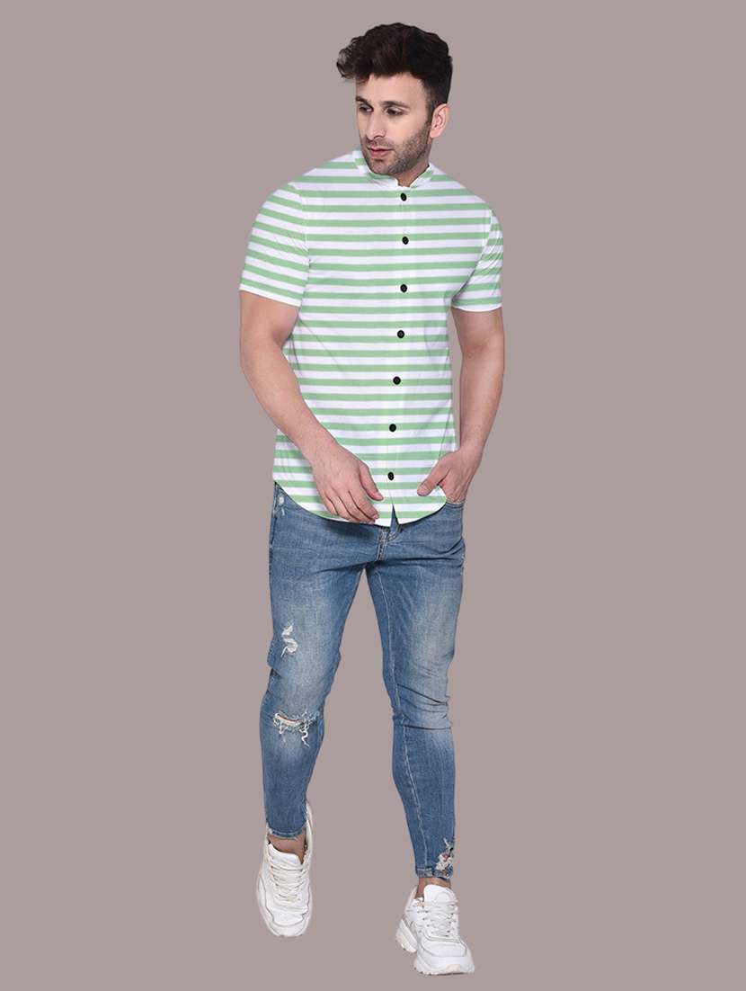 men slim fit mandarin neck striped short sleeve casual shirt - 21631896 -  Standard Image - 3