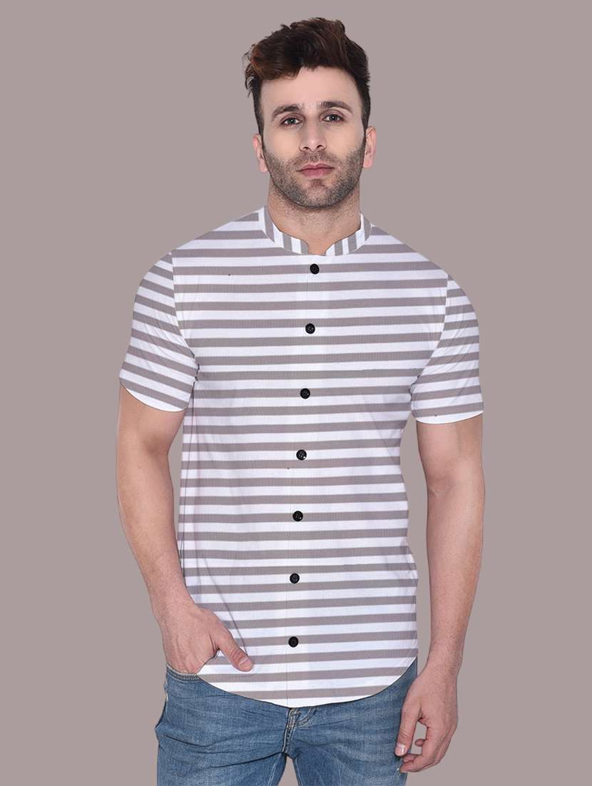 men slim fit mandarin neck striped short sleeve casual shirt