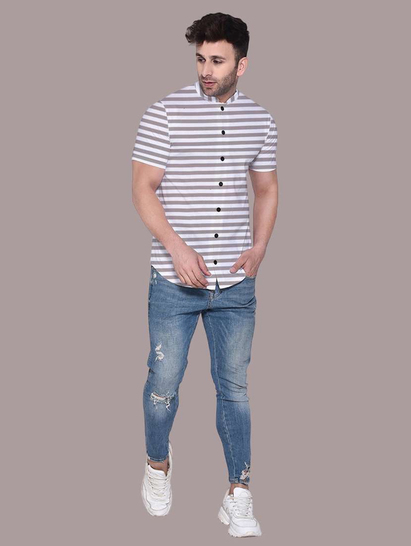 men slim fit mandarin neck striped short sleeve casual shirt - 21631897 -  Standard Image - 3