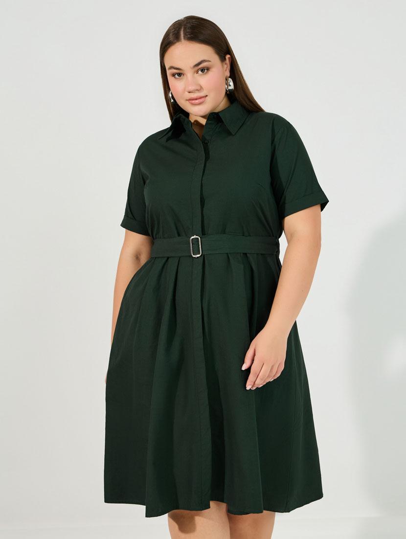 women green solid short sleeve a-line dress - 21631995 - Standard Image - 3