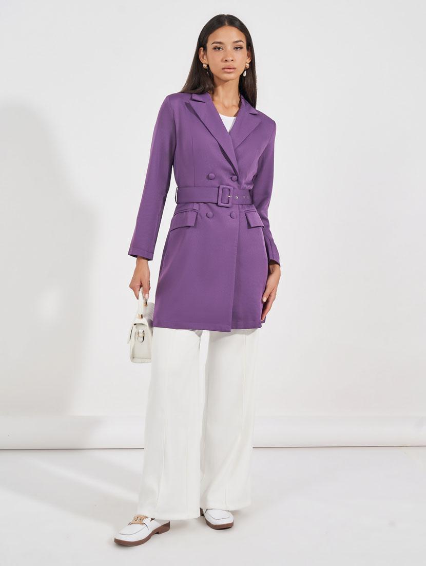 women purple solid lapel neck coat - 21632000 - Standard Image - 3