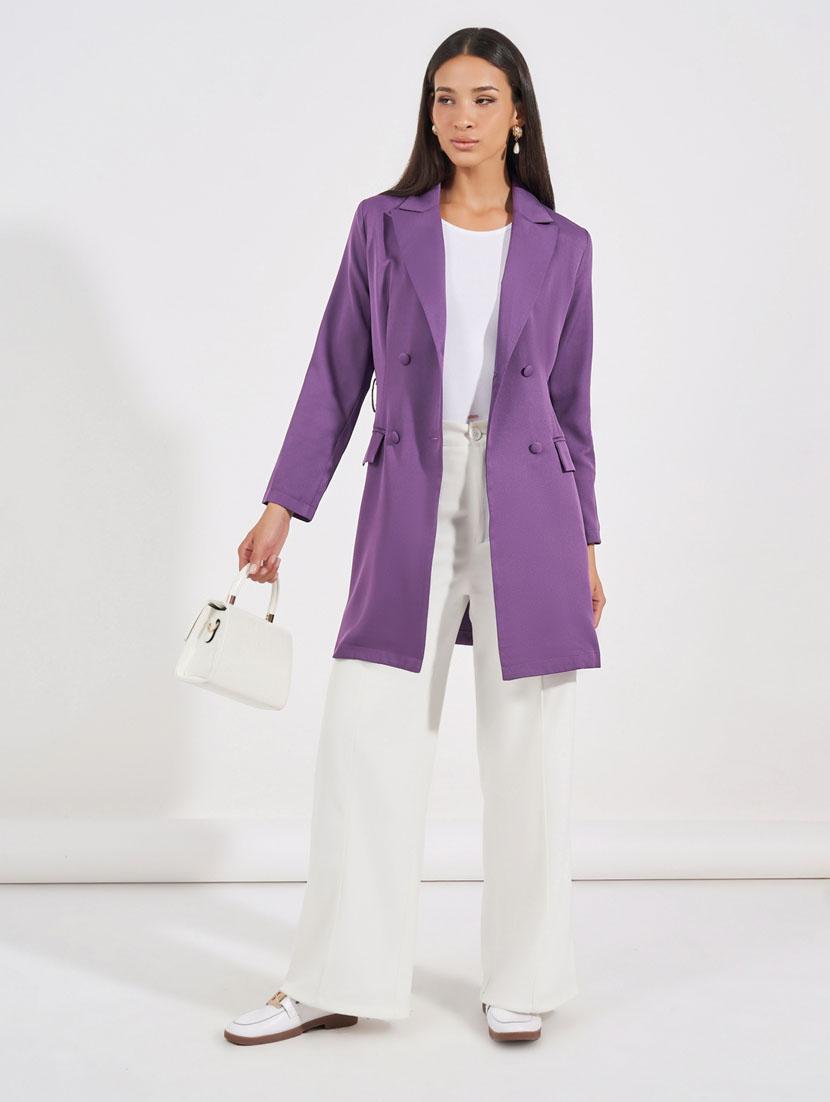 women purple solid lapel neck coat - 21632000 - Standard Image - 5