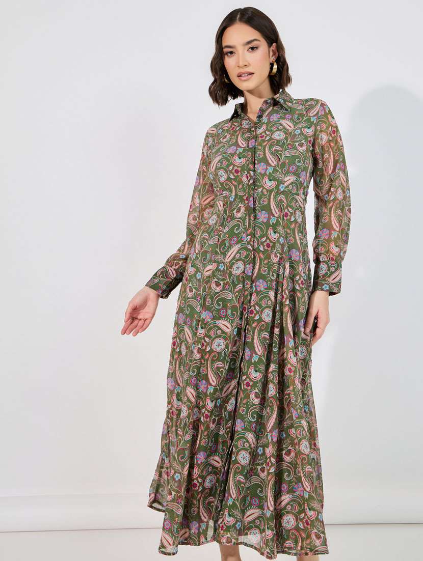 women green paisley long sleeve fit & flare dress - 21632009 - Standard Image - 3