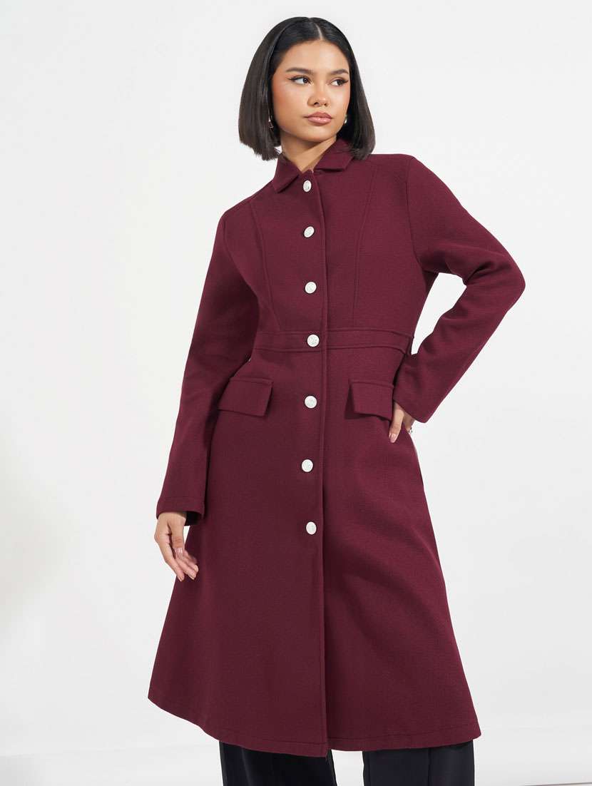women maroon solid full sleeve overcoat